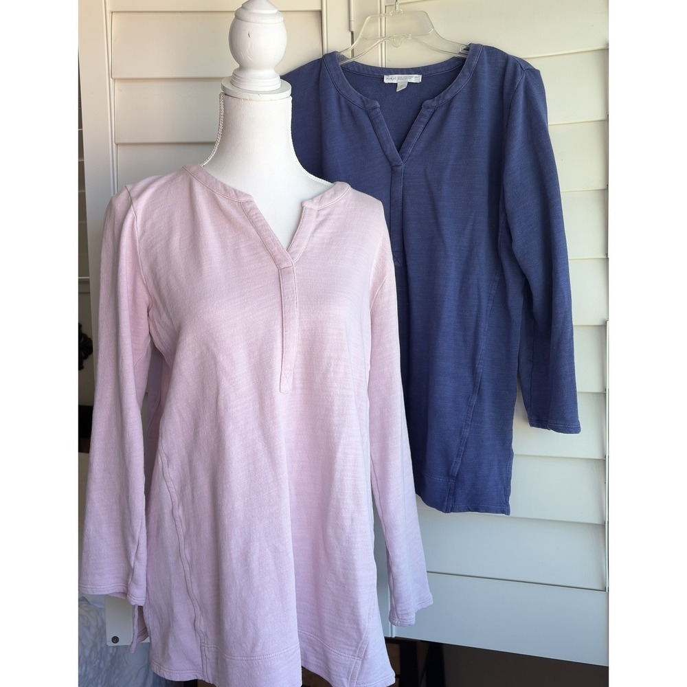 Lot Of 2 Pure  J. Jill Pink 100% Organic Cotton Slub 3/4 Sleeve V-Neck Top  M